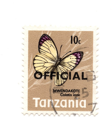 A stamp printed in Tanzania shows image of the Butterfly.の写真素材