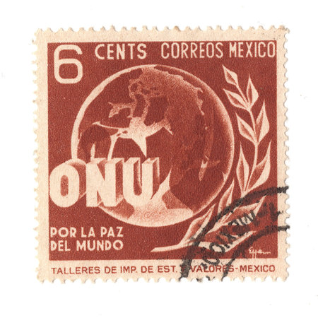 A vintage postage stamp from Mexico isolated on a white background.