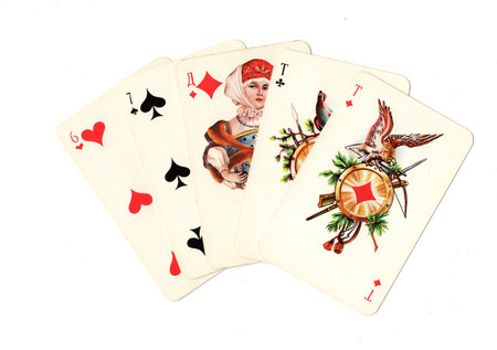 A hand of vintage Russian playing cards isolated on a white background.