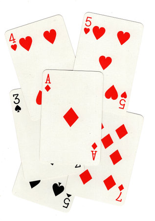 A montage of playing cards isolated on a white background.