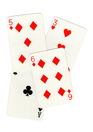 A montage of playing cards isolated on a white background.