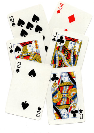 A montage of playing cards isolated on a white background.