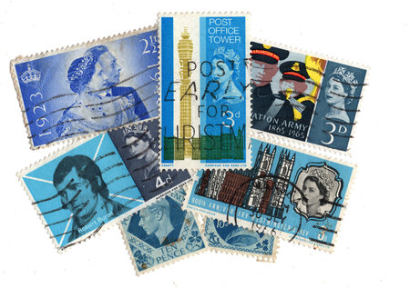 Vintage postage stamps from Great Britain isolated on a white background.