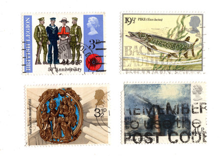 Vintage postage stamps from Great Britain isolated on a white background.