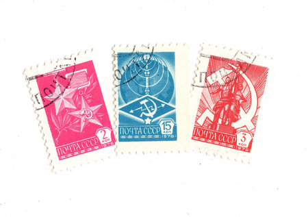 Vintage postage stamps isolated on a white background.