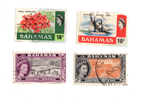 Vintage postage stamps from the Bahamas isolated on a white background.