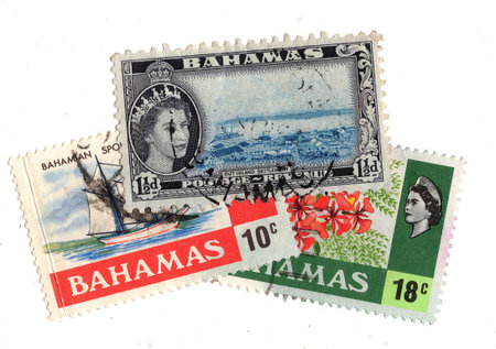 Vintage postage stamps from the Bahamas isolated on a white background.