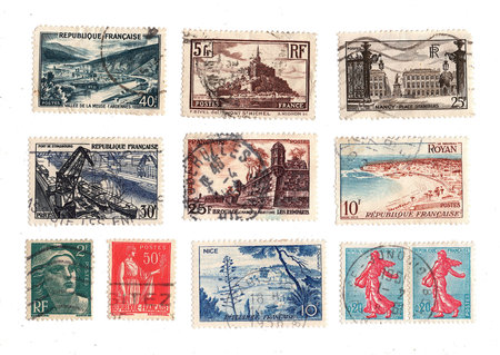 Vintage postage stamps from France isolated on a white background.