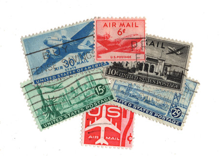 Vintage postage stamps from the USA isolated on a white background.