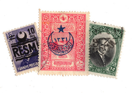 Vintage postage stamps from Turkey isolated on a white background.
