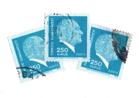 Vintage postage stamps from Turkey isolated on a white background.
