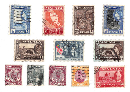 Vintage postage stamps from Malaya isolated on a white background.の写真素材