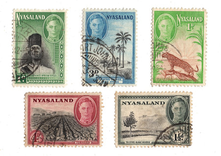 Vintage postage stamps from Nyasaland isolated on a white background.