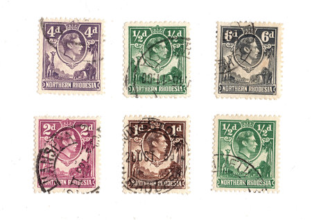 Vintage postage stamps from Northern Rhodesia isolated on a white background.