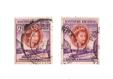Vintage postage stamps from Southern Rhodesia isolated on a white background.