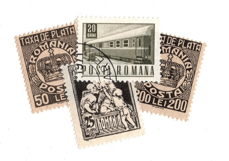 Vintage postage stamps from Romania isolated on a white background.の写真素材