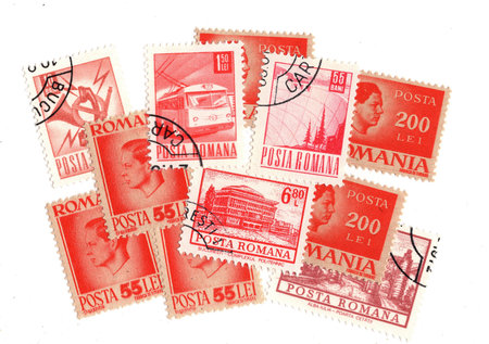 Vintage postage stamps from Romania isolated on a white background.