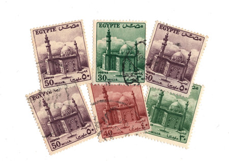 Vintage postage stamps from Egypt showing  mosque isolated on a white background.の写真素材