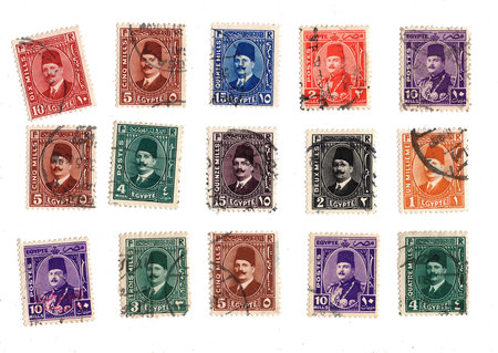 Vintage postage stamps from Egypt isolated on a white background.