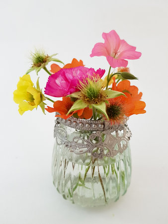 Bouquet of flowers in a glass vase on a white backgroundの写真素材