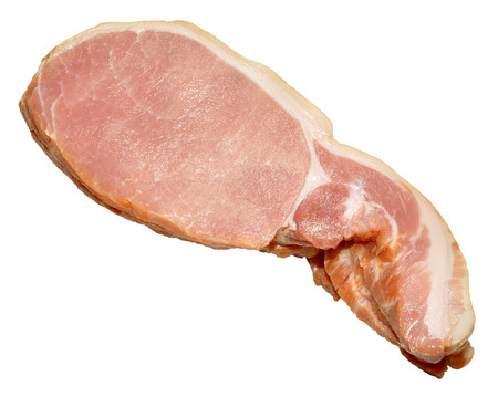 Pile of raw uncooked back bacon rashers, isolated on a white background の写真素材