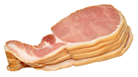 Pile of raw uncooked back bacon rashers, isolated on a white background の写真素材