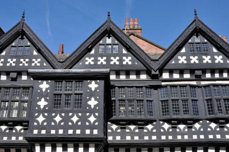 Traditional Tudor period timber framed black and white manor house in Stockport, England のeditorial素材