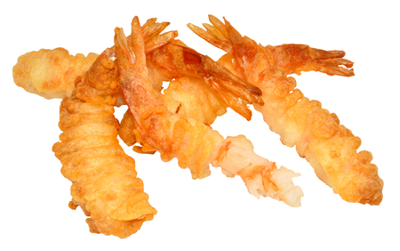 Group of cooked crispy tempura batter covered prawns isolated on a white backgroundの写真素材