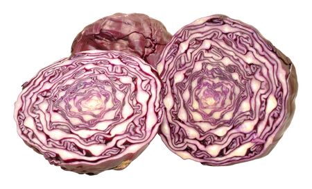 Fresh red cabbage cut in half and isolated on a white backgroundの写真素材