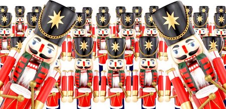 Traditional wooden soldier drummer Christmas decorations isolated on a white backgroundの写真素材