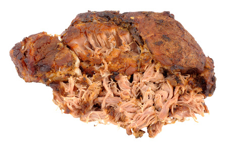 Slow cooked pulled pork meat isolated on a white backgroundの写真素材