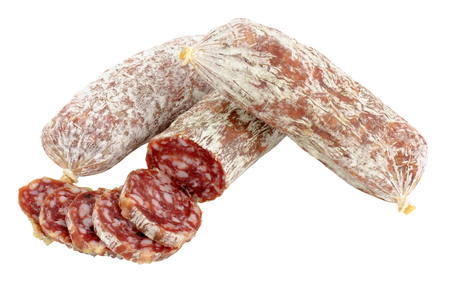 Traditional Italian spicy dry cured salami sausages isolated on a white backgroundの写真素材