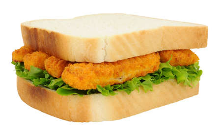 Breadcrumb coated fish finger sandwich isolated on a white backgroundの写真素材