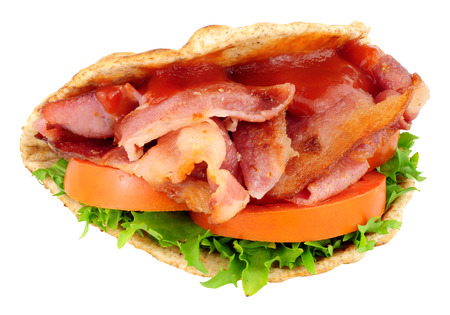 Bacon and salad flatbread sandwich isolated on a white backgroundの写真素材