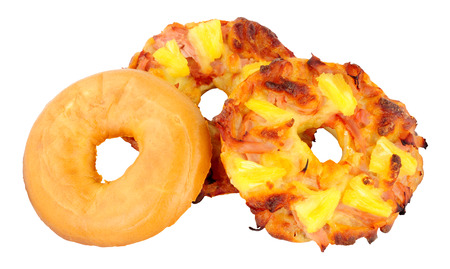 Ham and pineapple pizza bagels isolated on a white backgroundの写真素材