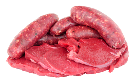 Raw venison meat steaks and sausages isolated on a white backgroundの写真素材