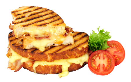 Brie cheese and pancetta meat toasted sandwich isolated on a white backgroundの写真素材