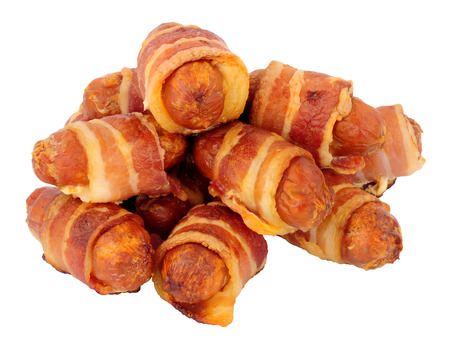 Group of small chorizo sausage pigs in blankets isolated on a white backgroundの写真素材