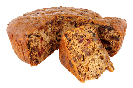 Basic undecorated home made fruit cake isolated on a white backgroundの写真素材