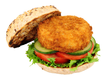 Breadcrumb covered fish cake and salad sandwich isolated on a white backgroundの写真素材