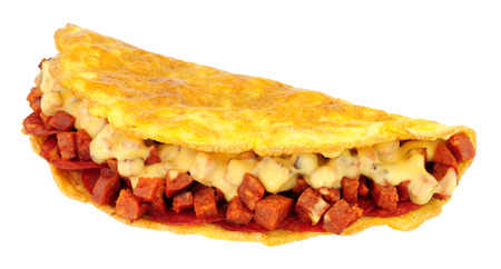 Spicy chorizo filled omelette isolated on a white backgroundの写真素材