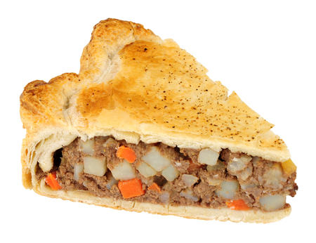 Slice of meat and vegetable pie isolated on a white background
