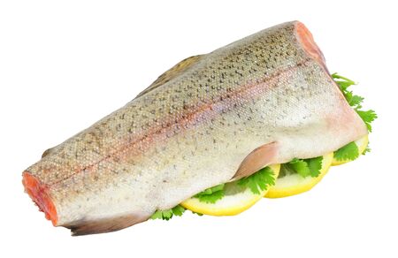 Fresh raw rainbow trout fish with head and tail removed ready for cooking isolated on a white backgroundの写真素材