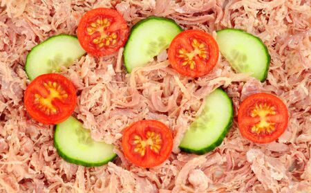 Slow cooked shredded pulled pork with cucumber slices and tomatoes backgroundの写真素材
