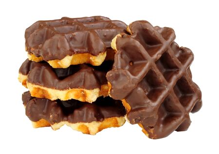 Group of sweet chocolate covered waffles isolated on a white backgroundの写真素材