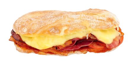 Ciabatta sandwich filled with bacon and melting cheese isolated on a white backgroundの写真素材