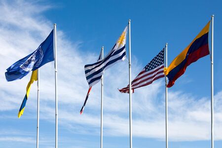 National flags on display beside Lake Burley Griffin, Canberra, Australiaの写真素材