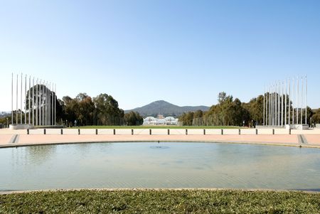 The view of Old Parliament House, the National War Memorial, and Mt Ainslie, from the front courtyard of Parliament House, Canberra, Australiaのeditorial素材