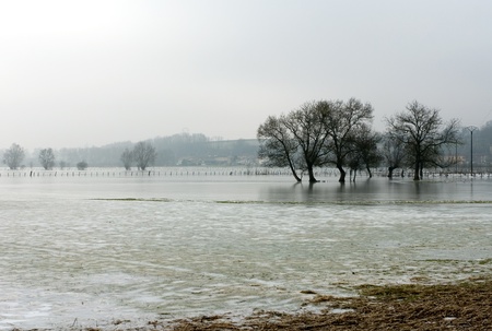 Frozen floodwaters near Macon, Franceの写真素材