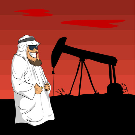 Cartoon illustration of a cartoon Arab Sheikh with an oil pump behind him during the desert sunset.のイラスト素材